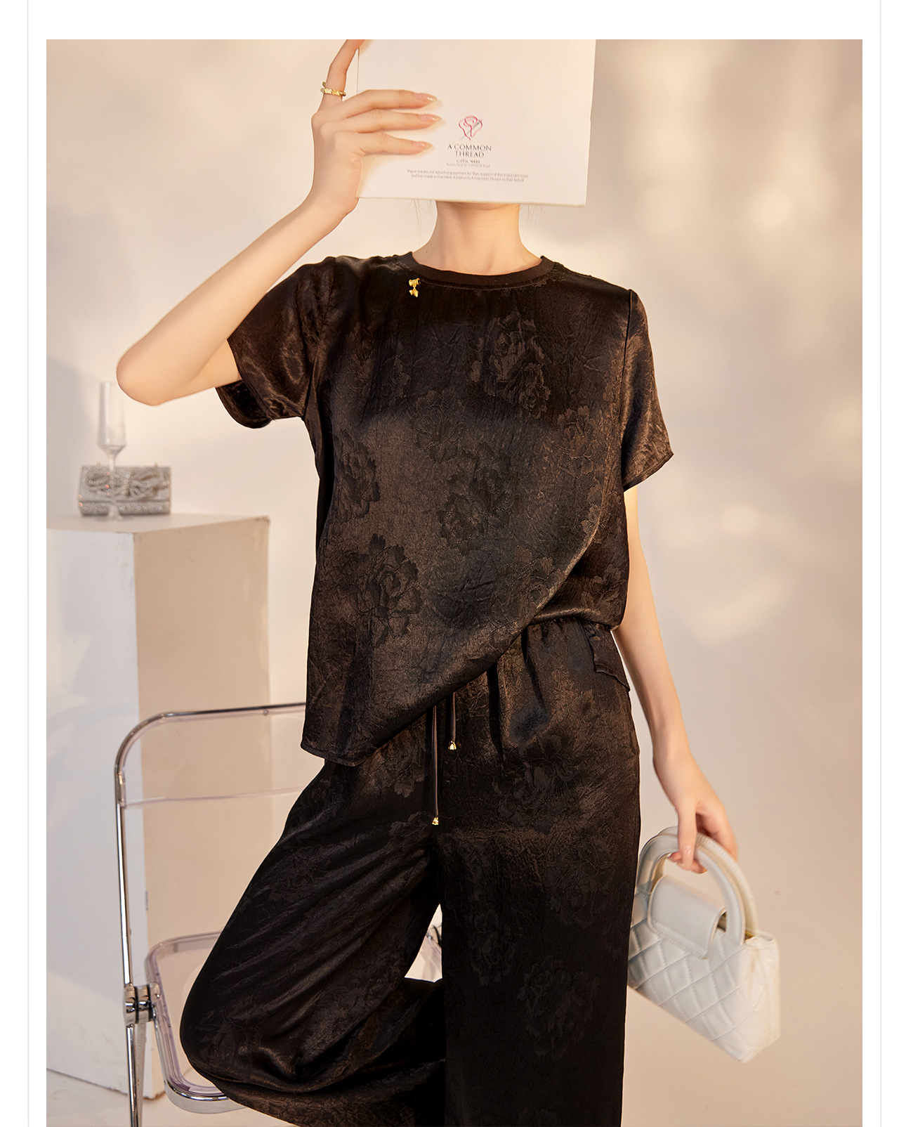 Áo kiểu Trung Quốc mới tay ngắn thêu hoa văn jacquard vải acetate thon gọn — Màu đen, Màu vàng, Màu hồng, Màu mơ chi tiết 32