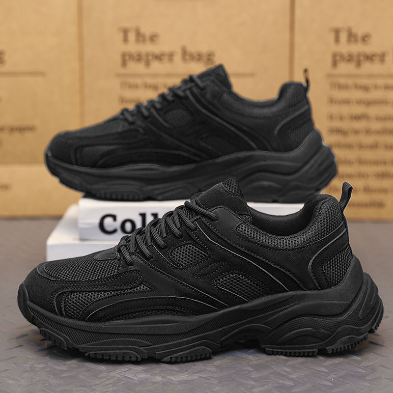 Pure Black Men's Shoes Spring 2025 New Model Work Safety Shoes Non-Slip Wear-Resistant Men's Running Sports Dad Shoes Thick Sole