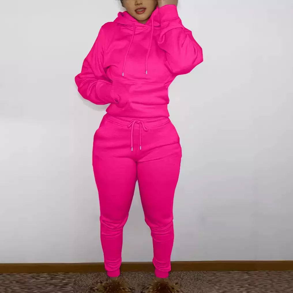 跨境欧美素色基本款两件运动套装春秋冬爆款卫衣袋鼠口袋拉绳连帽