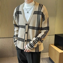 秋冬季新款男士开衫针织衫韩版潮流慵懒风外套宽松百搭格子毛衣