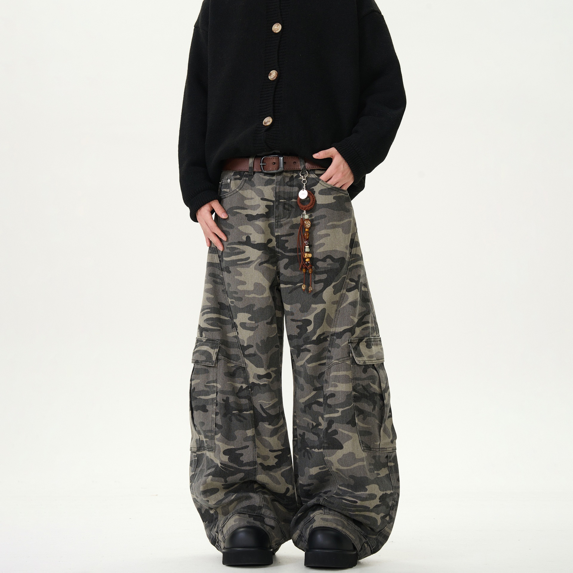 Unisex vintage militaire camouflage cargobroek met wijde pijpen, omkeerbaar ontwerp en functionele zakken, maten S-3XL_voghion.com