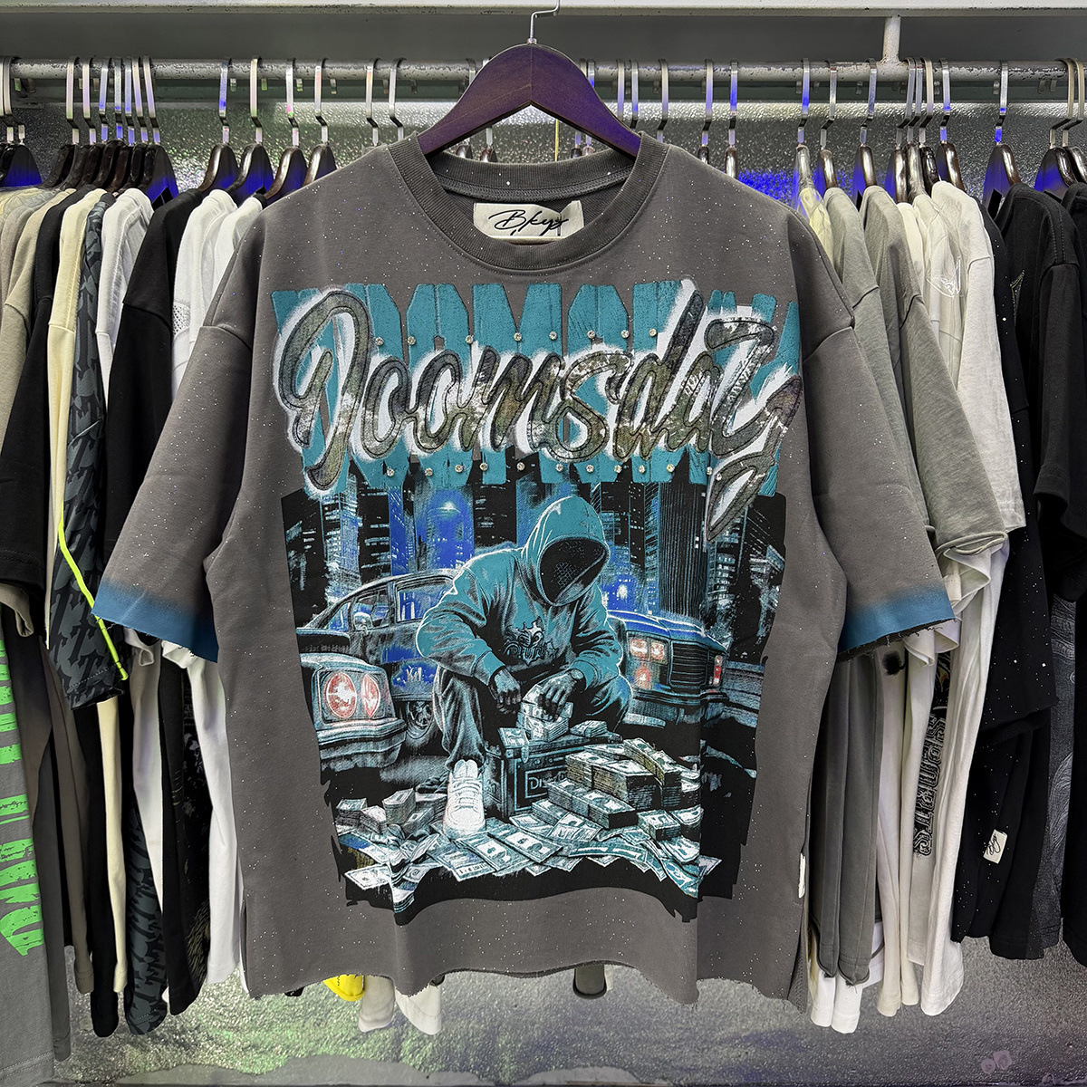 Transfronterizo nueva venta en caliente BKS camiseta de manga corta extraña esqueleto retro lavado de agua caliente perforación en caliente para hombres y mujeres de moda en stock lotes