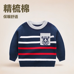 子供服の男の子のセーターのゴマの底の綿の真のポケットの間色のストライプの秋冬の保温のニットのプルオーバーの中で大きい子供