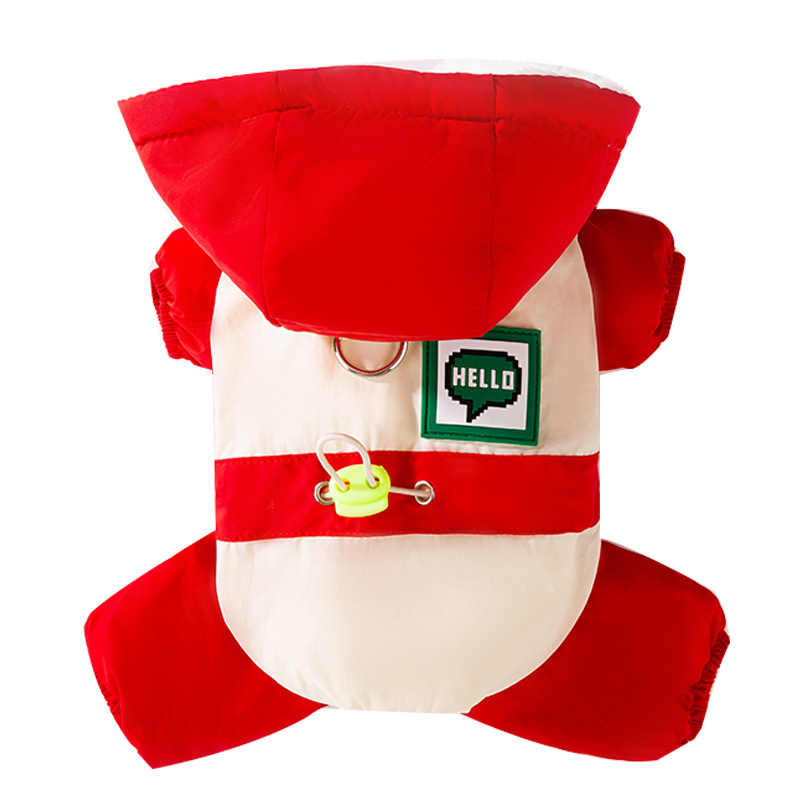 Gatos otoño y invierno caliente y grueso color contrastante empalme cuerda de dibujo de cuatro patas carga ropa de algodón perro Teddy ropa de mascota gato