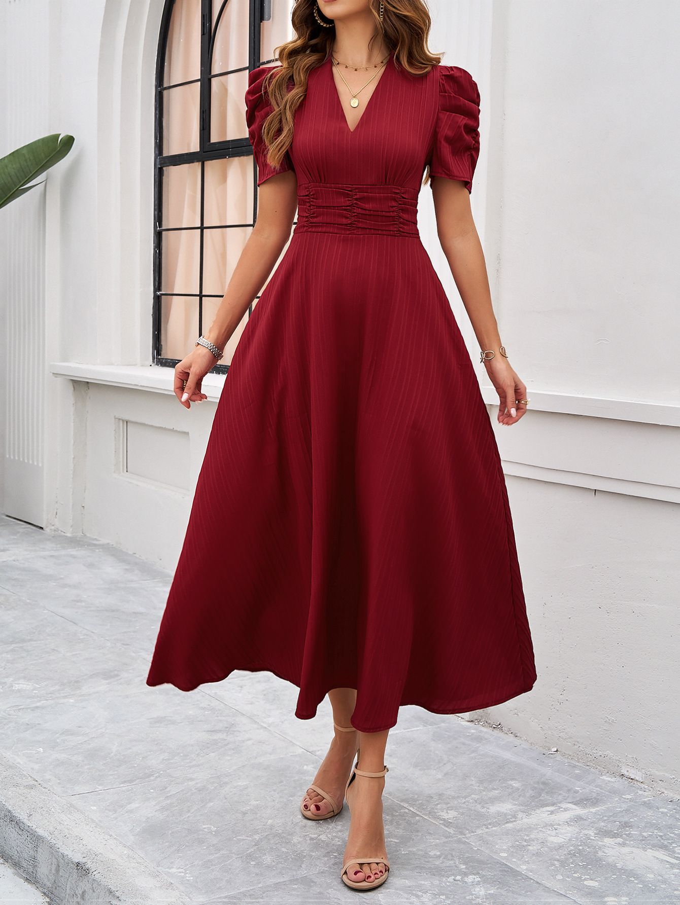 318g Weight Maxi Long Dress Dress Length Type Short Sleeve Sleeve Length Swing Dress Dresses Type Puff Sleeve Sleeve Type Spandex, Polyester Fabric Type High Waist Waist Line Daily Occasion V Neck Neckline Regular Fit Fit Type Solid Color Pattern 2025 Spring and Summer Season Women's Gender Pleated Design Simple Style Style Wholesale Women's Simple Style Pleated Solid Color Daily V Neck Short Sleeve Swing Dress 14