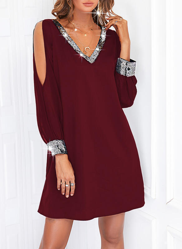 Amazon europeo y americano transfronterizo nueva ropa de mujer de color sólido fuera del hombro manga casual moda profundo cuello en V lentejuelas costura vestido image 6