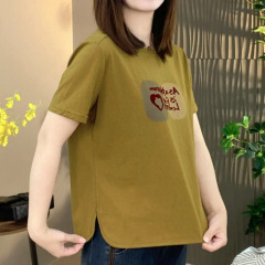 2025年夏新作大きいサイズファッションコットンスタイルラウンドネックプリント半袖Tシャツスリムルーズトップ