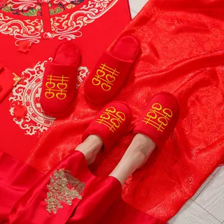 结婚拖鞋一对红色喜庆创意中式婚庆秋冬季情侣家居室内洋气拖鞋女