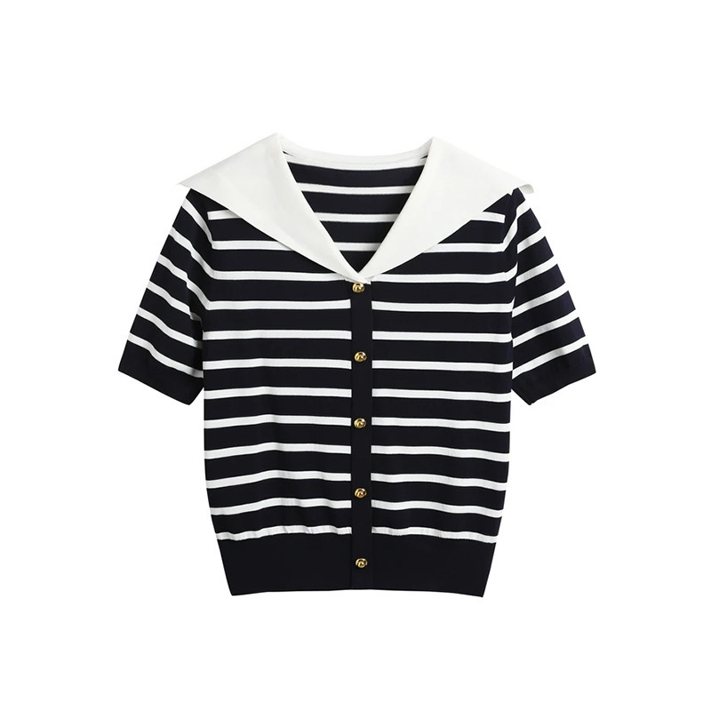 Design Sense Navy Collar Short-sleeved Striped Sweater Women's Early Spring New 2025 Elegant Age-reducing Loose Slimming Top