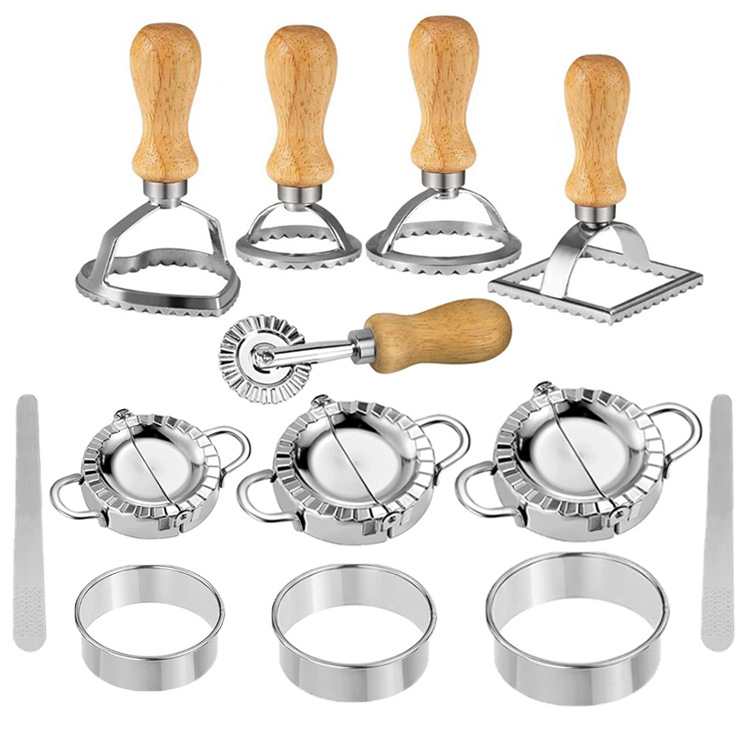 Juego de herramientas de dumpling de mango de madera 13 piezas de acero inoxidable herramienta de dumpling carne picking Borde de impresión de flores traje de molde