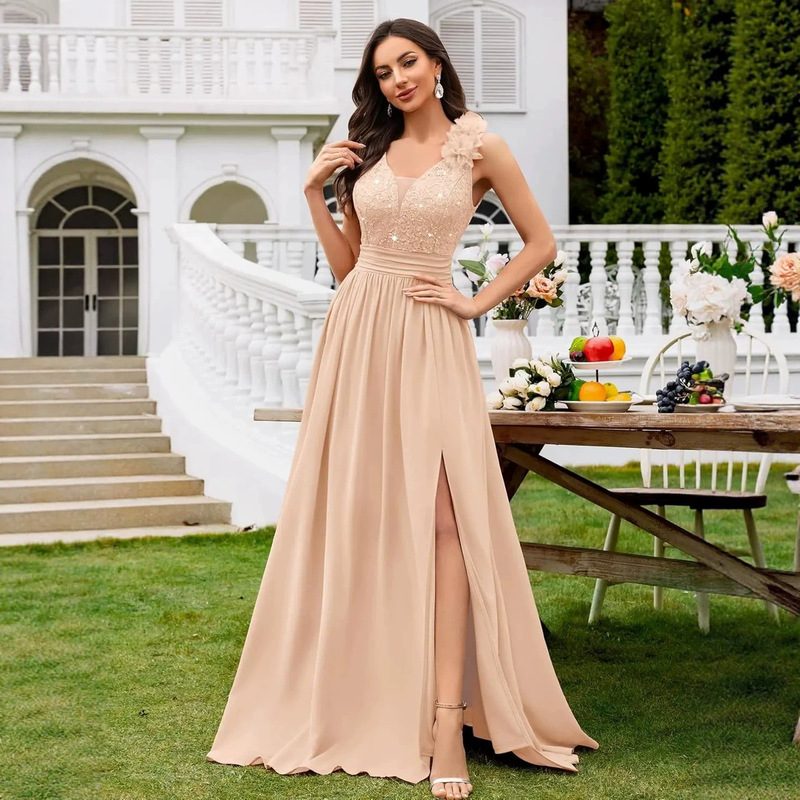 Foreign trade one-shoulder ruffled chiffon bridesmaid dress, V-neck, high-waisted, draped, long evening gown for banquets and parties Foreign trade one-shoulder ruffled chiffon bridesmaid dress, V-neck, high-waisted, draped, long evening gown for banquets and parties