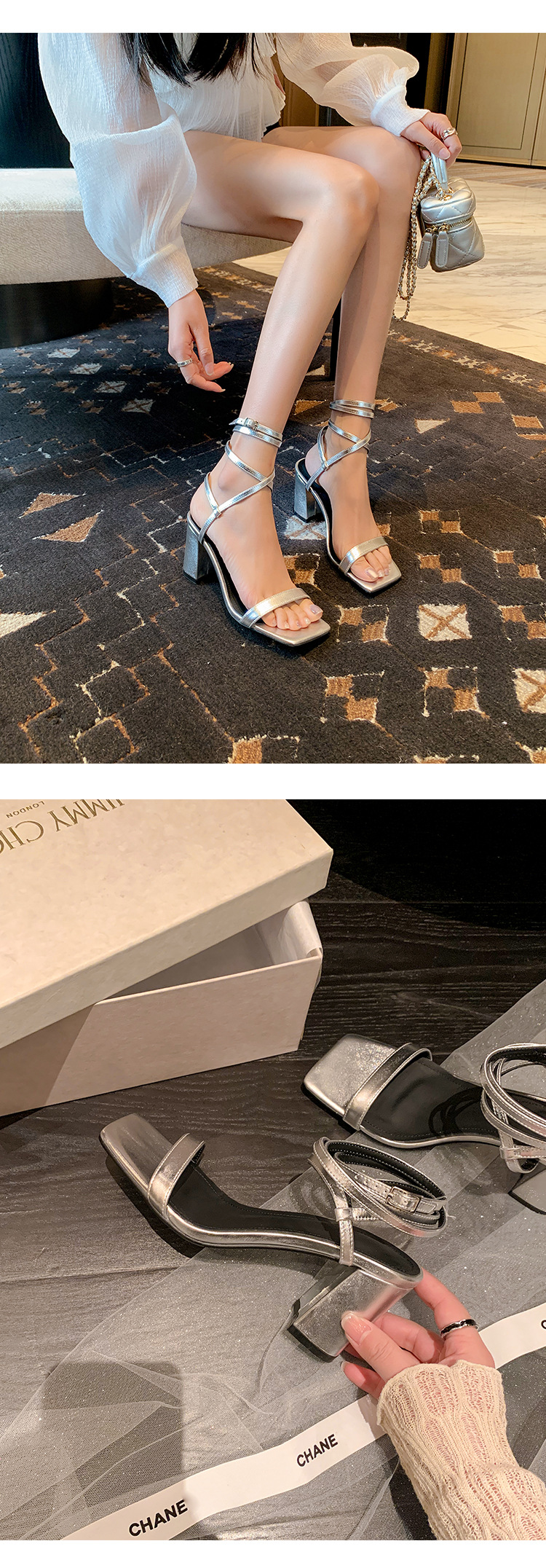 Sandal cao gót nữ hở mũi quai chân phong cách tiên nữ gót thô — Màu đen chi tiết 10