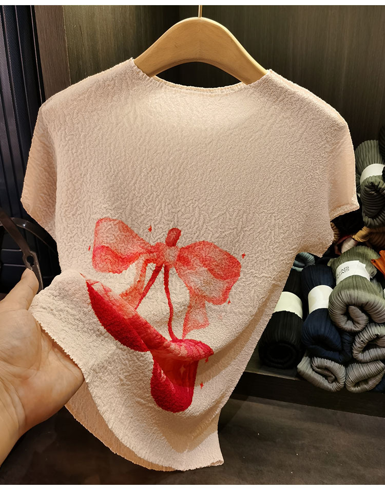 Áo thun nữ cổ tròn dáng rộng in họa tiết anh đào thiết kế độc đáo, tay xếp ly — Màu xanh lam nhạt, Màu đen, Màu mơ chi tiết 16