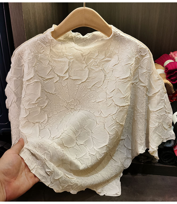Áo thun dập nổi nữ tay dơi dáng rộng ngắn mùa hè — Màu đen, Màu cam, Màu xanh lam, Màu xanh navy chi tiết 1