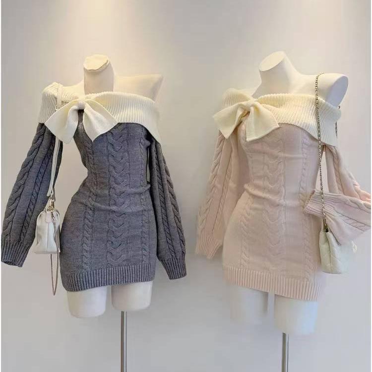 Cross-Border Women's Clothing Foreign Trade Knitted One-Shoulder Color-Blocked Retro Hip-Hugging Skirt Showing Waist Korean Style Knitted Sweater Skirt Top