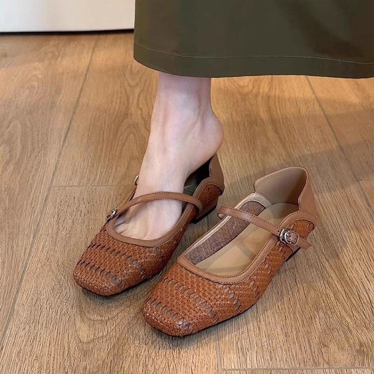양가죽 버전 ~ 가을 통기성 메리 제인 여성 프렌치 스퀘어 토 플랫 슈즈 우븐 할로우 펌프스 홀리데이 슈즈