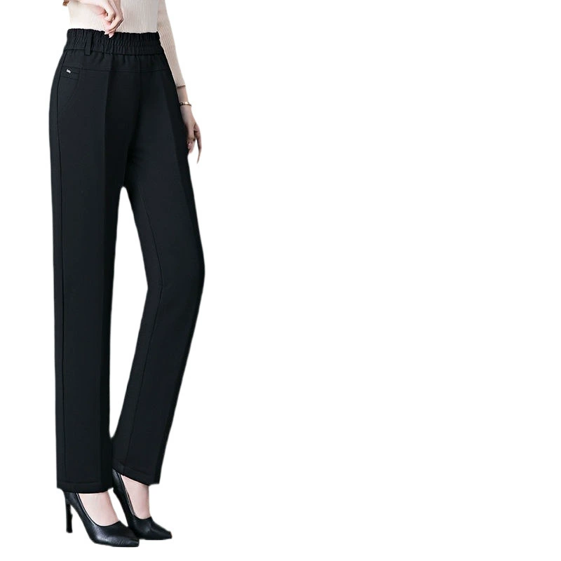 Warm demi-season black trousers for mother, high waist, loose straight fit