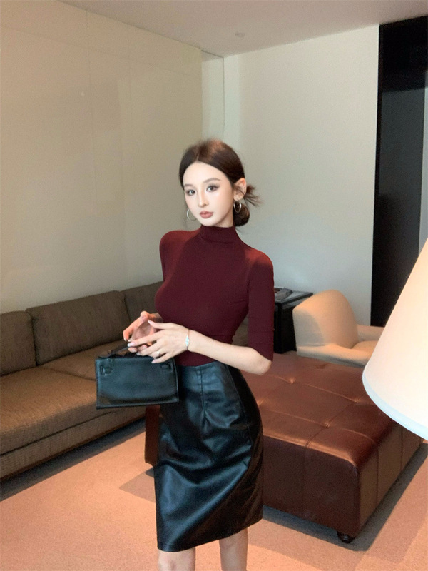 女装高级感气质半袖T恤修身显瘦半高领上衣半身裙皮裙两件套秋装|undefined