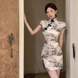 新款性感风中式改良旗袍盘扣立领连衣裙女夏复古收腰显瘦开叉短裙
