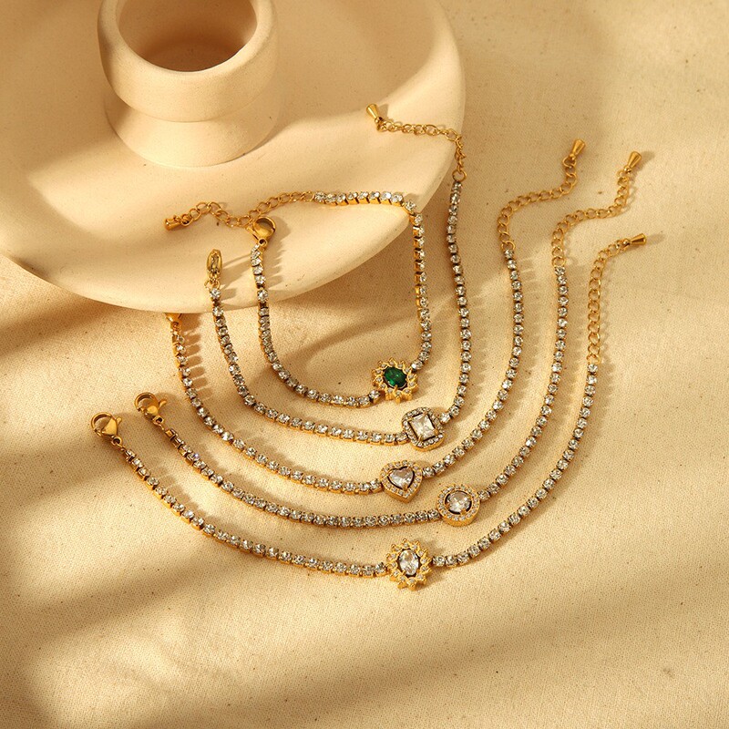 Cross-Border Ins-Style French Light Luxury Zircon-Studded Stainless Steel Bracelet, Electroplated 18K Real Gold Tennis Chain, High-End Jewelry for Women