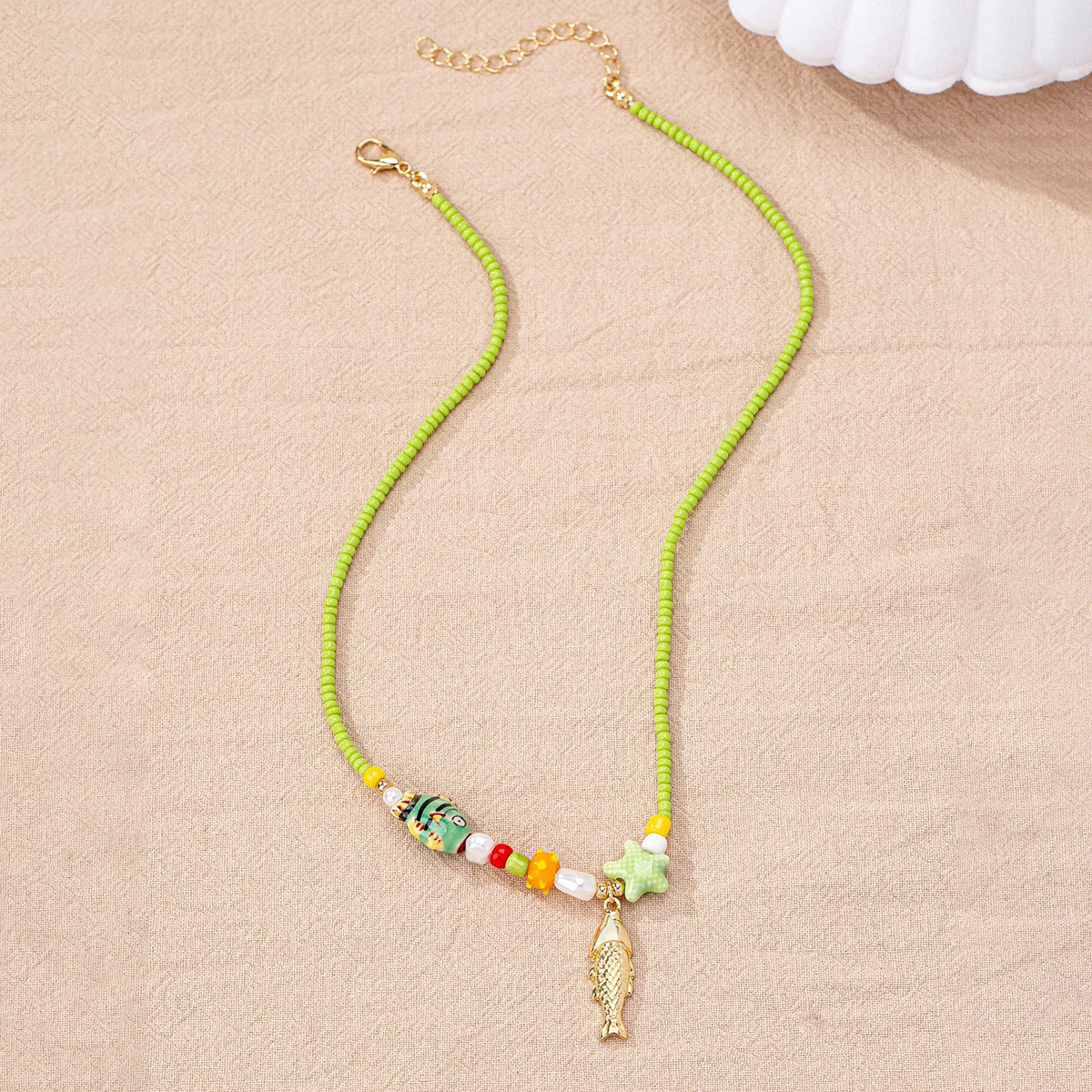 Casual, Holiday Occasion Alloy, Glass Material Fish Pattern Cute Marine Style Fish Alloy Glass Beaded Chain Lobster Trigger Clasp Closure Beaded Necklaces Wholesale