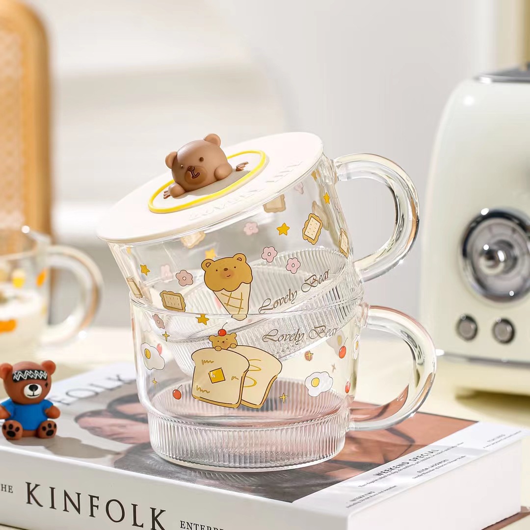 Creativo lindo pan oso de dibujos animados de vidrio de gran capacidad taza de agua de vidrio con tapa taza de desayuno taza de regalo personalizada