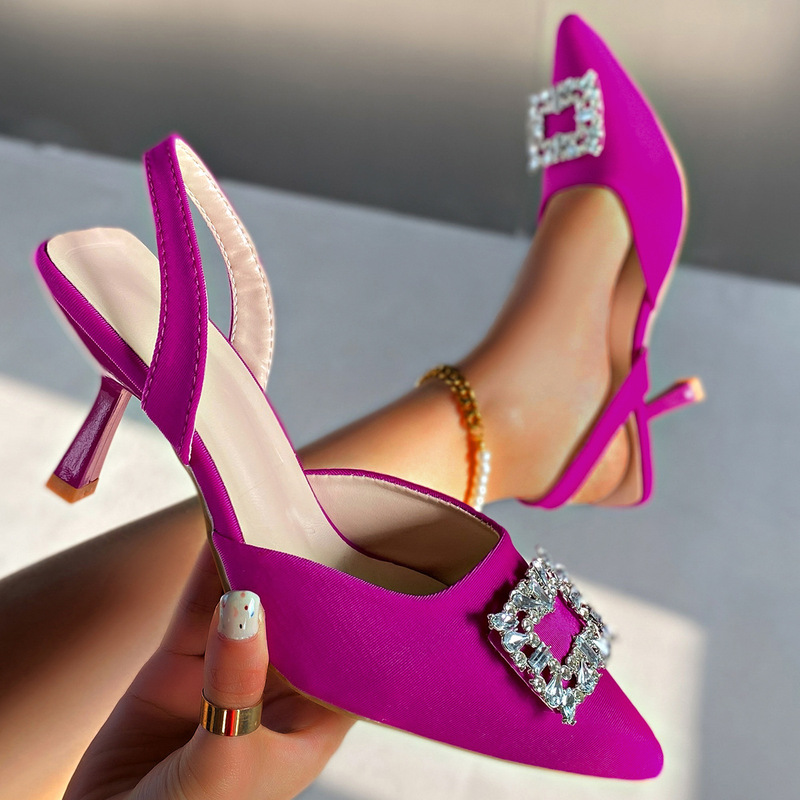 Large Size Fairy-Style Pointed-Toe Stiletto Sandals with Rhinestone Square Buckle for Women