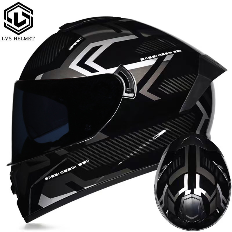 Coche eléctrico con casco completo, casco completo de otoño e invierno, coche eléctrico de carreras de imitación, coche eléctrico masculino, caballero, doble lente, cola larga