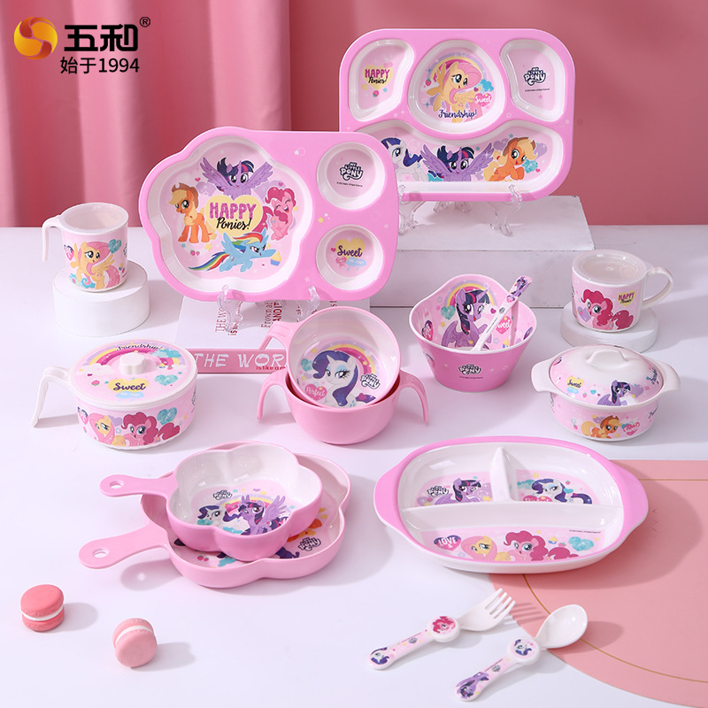 My Little Pony Kidsren's Tableware New Melamine Bowl Baby Food Bowl Cartoon Dinner Plate Anti-Fall Compartment Plate Handle Bowl