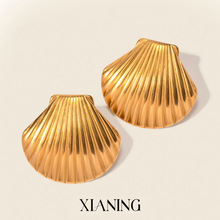 跨境热销海洋度假元素螺纹海贝耳钉18K金不锈钢放生锈女士饰品