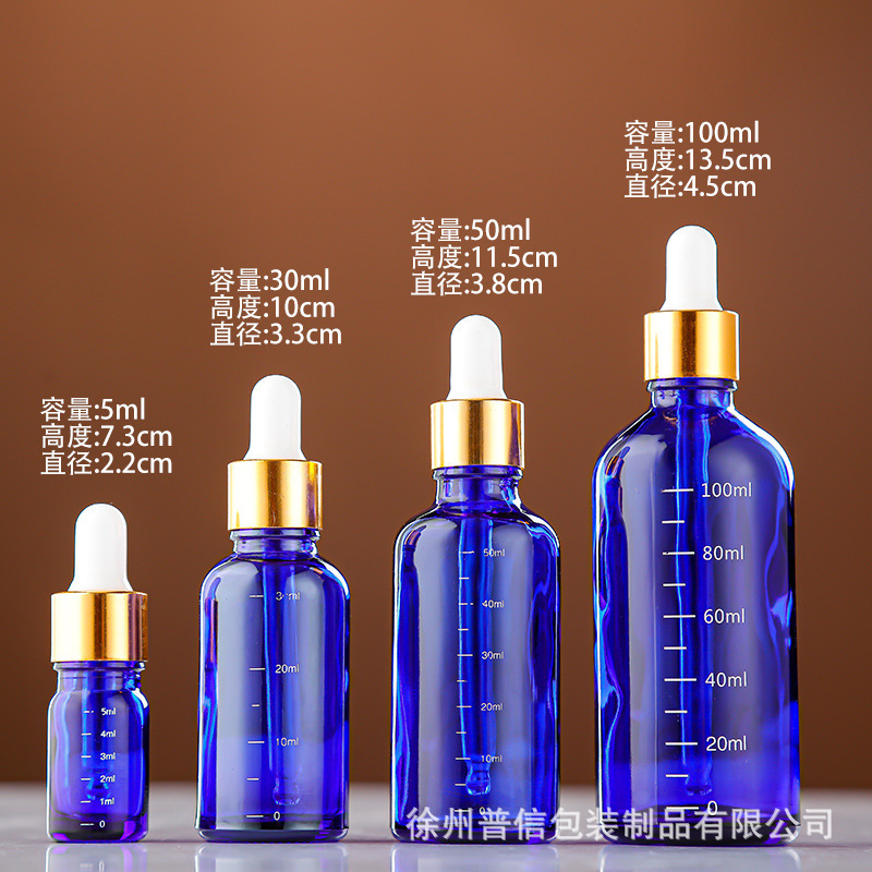En stock Botella de aceite esencial marrón Botella cuentagotas de 10ml Botella vacía Botella cosmética de vidrio azul Botella secundaria de escala de 30ml