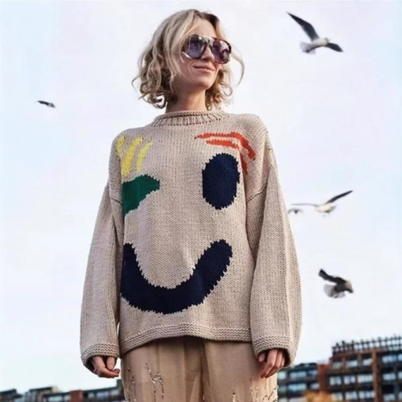Autumn and Winter 2024 Amazon Smiley Cross-border Top Contrast Sweater Knitted Crewneck New Pullover Five-color Loose Version
