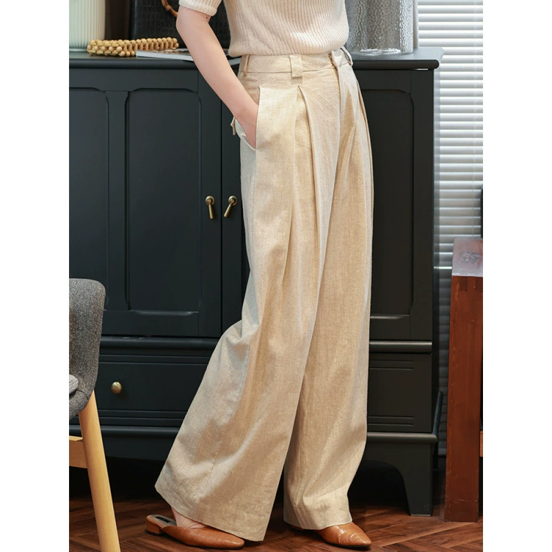 Льняные широкие брюки для женщин, летние тонкие драпированные свободные утягивающие повседневные длинные прямые брюки из хлопка и льна с высокой талией