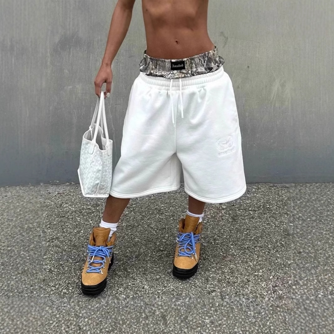 American High Street Hip-Hop Trendy Brand Double Waistband Cropped Shorts for Men, Loose and Fashionable Trendy Men's Casual Fake Two-Piece Shorts