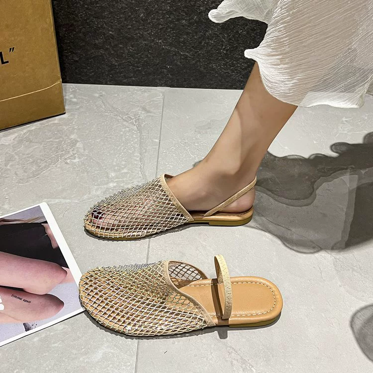 Модные женские туфли в европейском и американском стиле с рваным бриллиантом, однотонные женские туфли в сеточку, весна-лето 2024, новые экспортные женские сандалии на плоской подошве большого размера