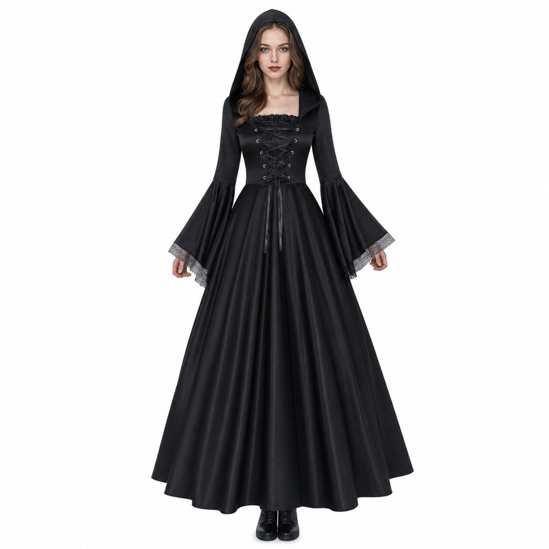 Medieval Retro Gothic Bell-Sleeve Hooded Long Dress Witch Dress Halloween Stage Costume Waist Dress
