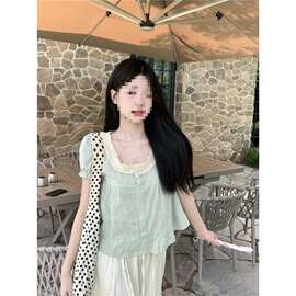 韩版甜美蕾丝花边娃娃领短袖宽松泡泡袖衬衫2026夏季百搭上衣女夏