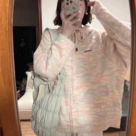 慵懒风甜美彩色连帽针织开衫毛衣女秋冬新款宽松软糯洋气百搭上衣