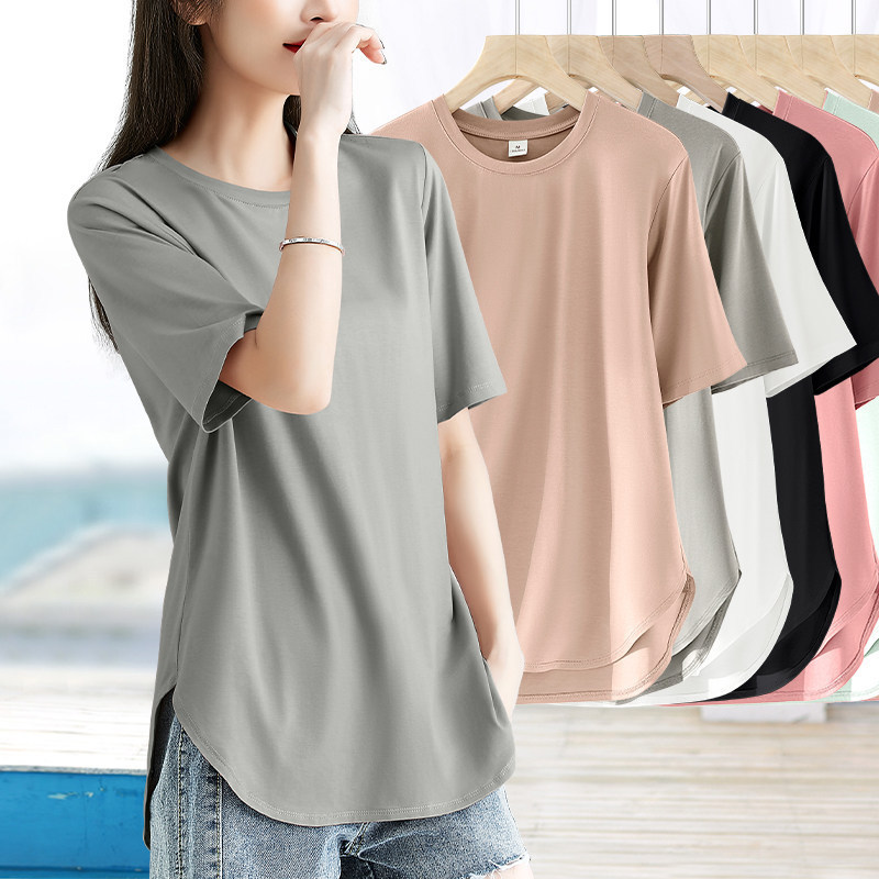 Side Slit, Semi-Circular Hem, Slim-Fit Short-Sleeve T-Shirt for Women, Small Round Neck, Front and Back Asymmetrical Length, Thin Style