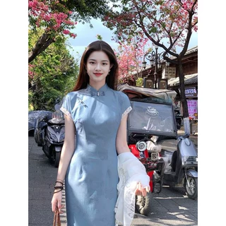 雅归新中式暗纹烫金改良旗袍女春夏新款蕾丝拼接蓝色日常连衣裙