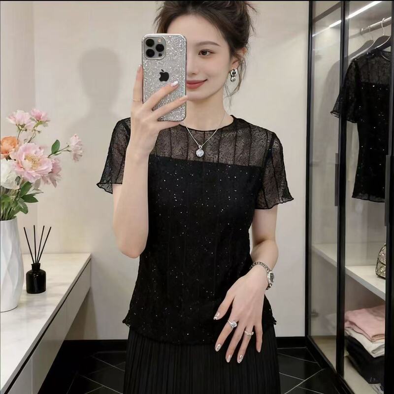 【Starry Night】Lace Patchwork Short Sleeve T-Shirt for Women, New Summer Slim-Fit Elegant Mesh Top, Base Shirt