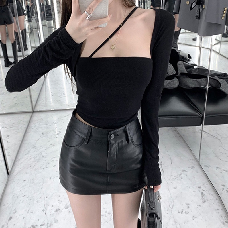 Hot Girl Sexy Strapless Fake Two-piece T-sleeve Women's Spring and Autumn New Slim-fit Slimming Short Pure Long-sleeve Top