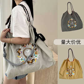 抖音爆款学生托特包休闲出行环保刺绣大容量帆布包可折叠网红严选
