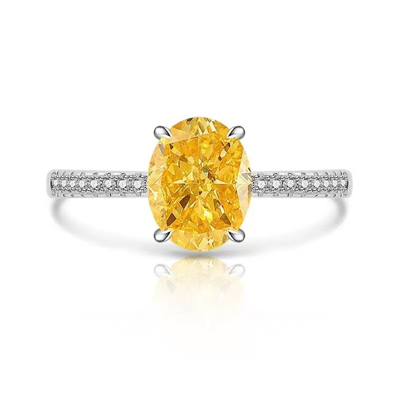 Live Broadcast Hot Selling High Carbon Diamond Oval Yellow Diamond Ring Color Gemstone Simple High-End Pigeon Egg Engagement Ring