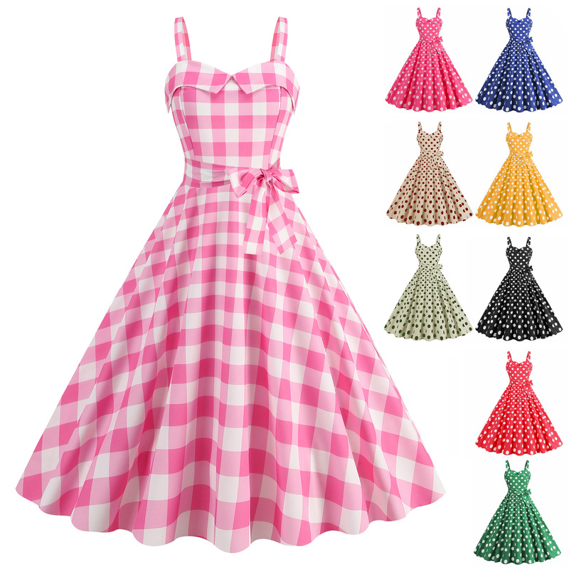 L foreign trade manufacturers supply cross-border women's clothing sexy sling wrapped chest polka dot printed ruffled a-line large swing dress