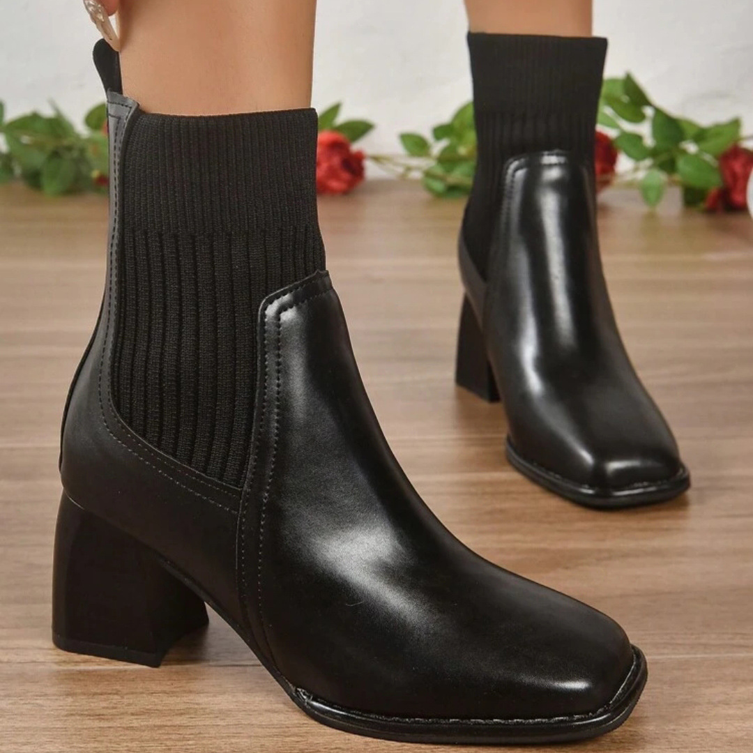 Botas cortas de invierno de 2025 nuevas botas elásticas de tacones altos cuadrados de tejido de costura volante tamaño 41 - 42