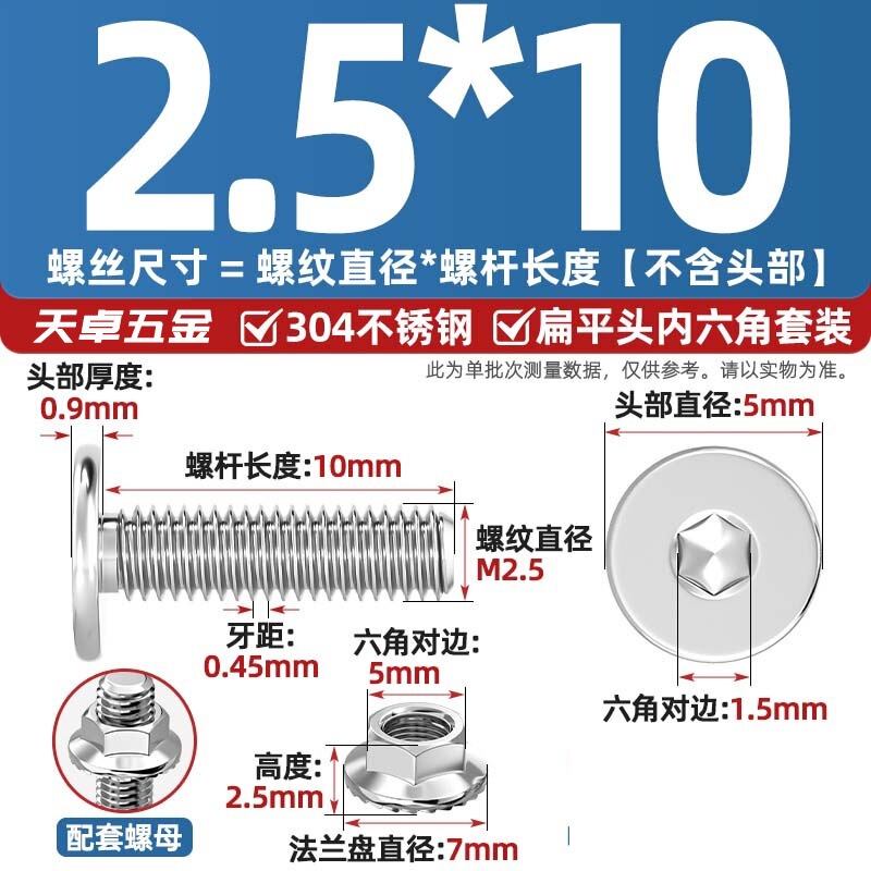 304不锈钢CM大平头超薄头C头扁平头内六角螺丝钉法兰边螺母套装M5|undefined