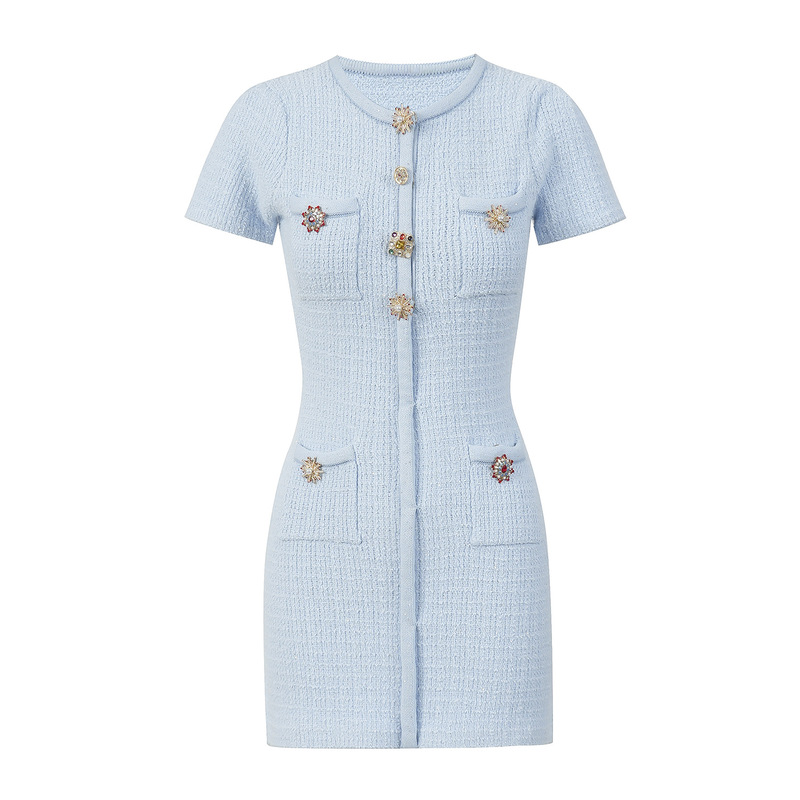 Sp2026 Early Autumn New Model Elegant Ladylike Chanel-Style Rhinestone Buckle Design Smog Blue Knitted Short Skirt Dress Sp2026 Early Autumn New Model Elegant Ladylike Chanel-Style Rhinestone Buckle Design Smog Blue Knitted Short Skirt Dress