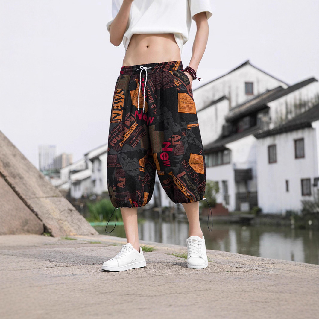 Chinese Style Men's Cropped Pants 2025 Summer New Large Size Cotton and Linen Casual Pants Loose Wide Leg Harem Pants Men's Trend