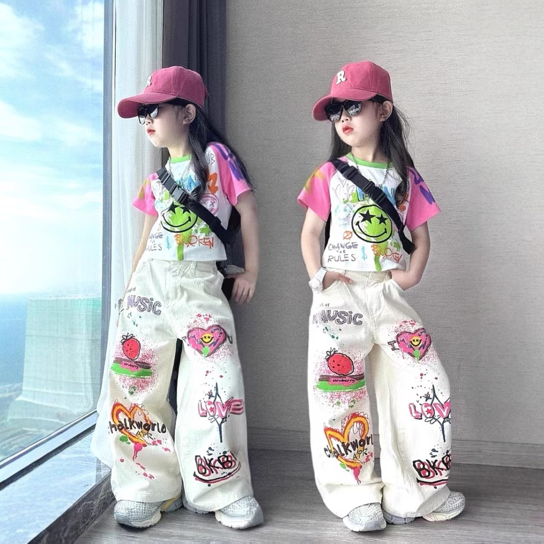 Ins Trendy Raglan Sleeve Color-Blocked Short-Sleeved T-Shirt American Graffiti White Cargo Pants Girls Summer Thin Hip-Hop Suit